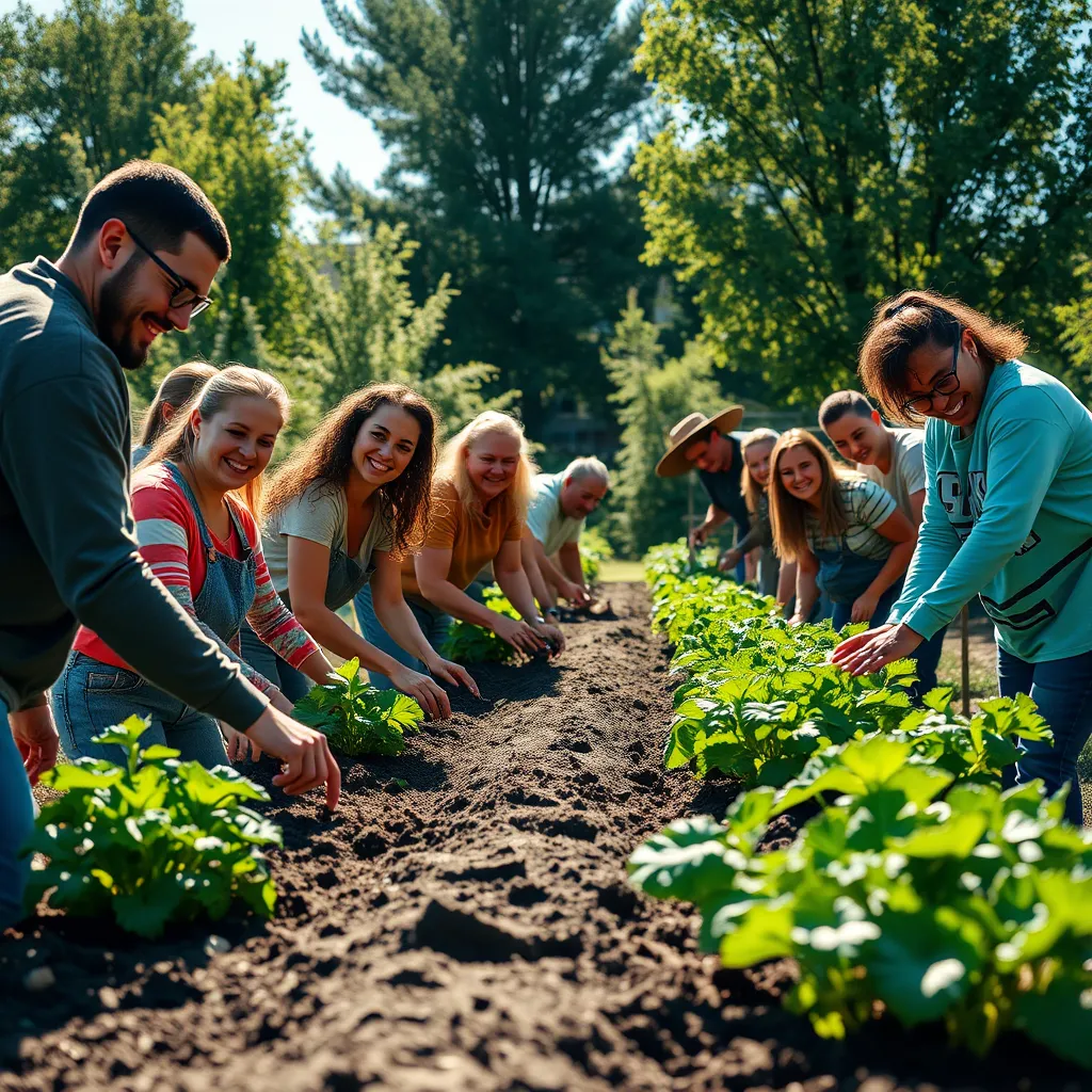 A vibrant scene of church volunteers working together in a community garden, planting vegetables. The sun is shining, and everyone's expressions show joy and camaraderie, symbolizing teamwork and the active expression of faith through service.