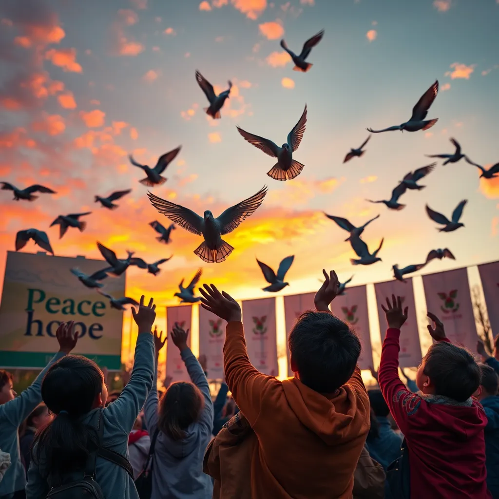A vibrant scene showing a group of youth releasing doves into the sky during a Remembrance Day ceremony. The background features banners advocating for peace, with a colorful sunset symbolizing hope, embodying the message of moving forward from the past.