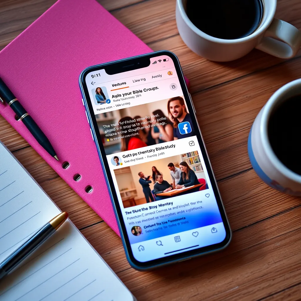A vibrant social media interface on a smartphone, showing an active Facebook group about Bible study. The screen should display engaging posts, member interactions, and visuals of scriptures, surrounded by personal items like a notebook and coffee.