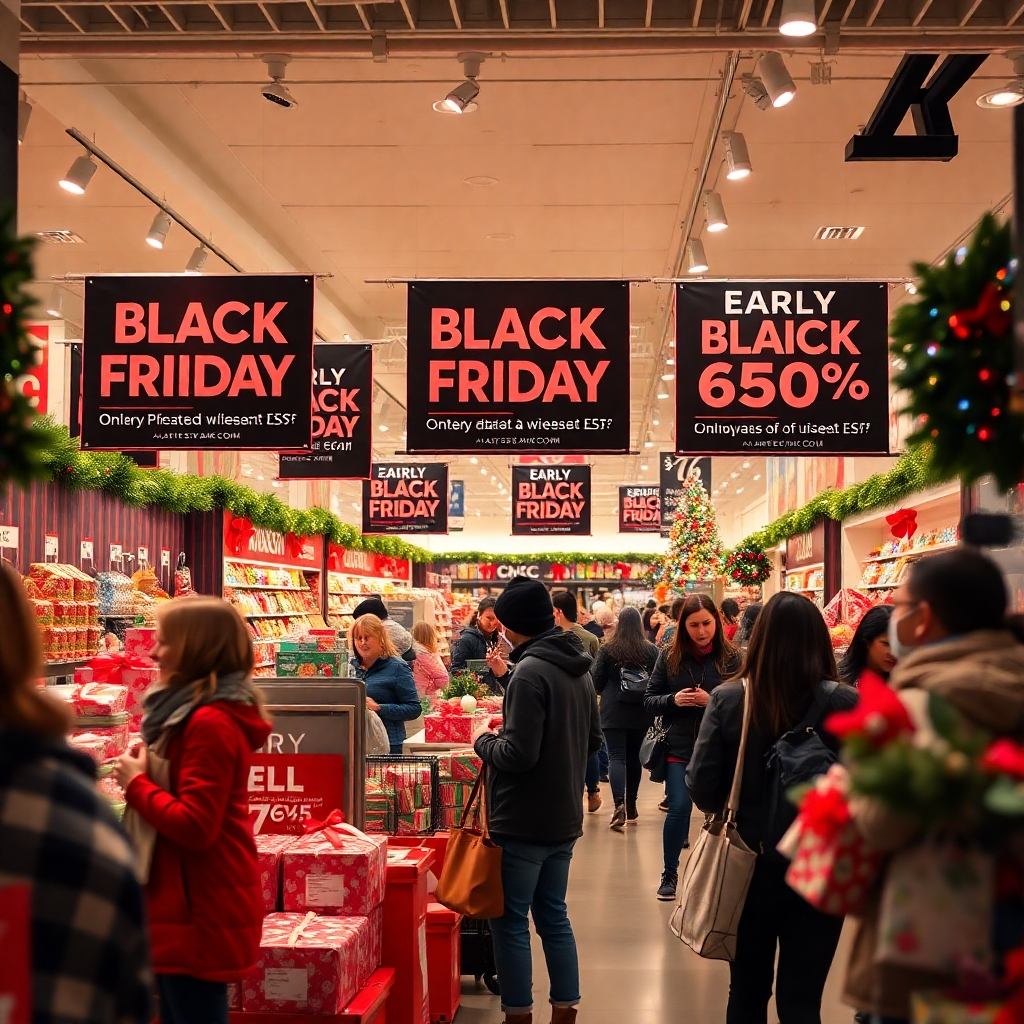 A vibrant store display with banners promoting early Black Friday sales. Include excited shoppers browsing holiday gifts, showing price tags with significant discounts, and decorations that evoke a festive atmosphere, all under bright lighting.
