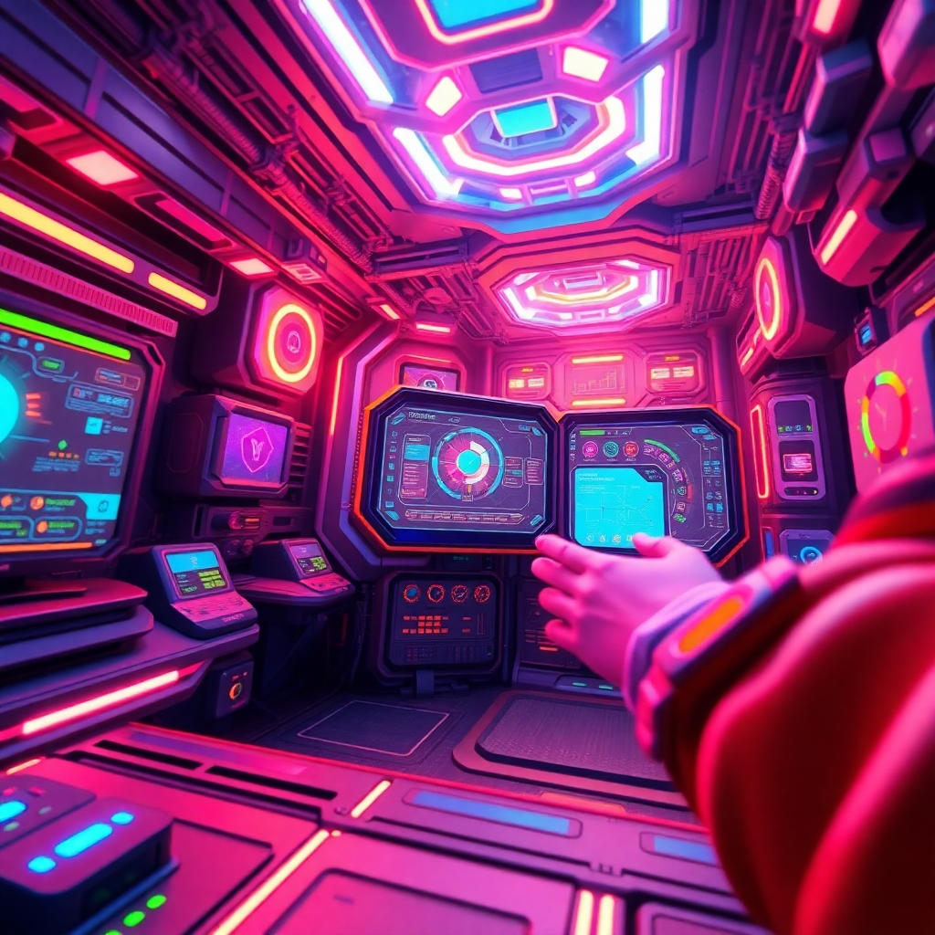 A vibrant, stylized image illustrating the Gemma 3n's interface in action, featuring animated elements that demonstrate its functionalities. The environment is a tech-driven space with dynamic lighting and a high-energy color scheme. The angle should give an immersive perspective of the digital interactions, enhancing excitement.