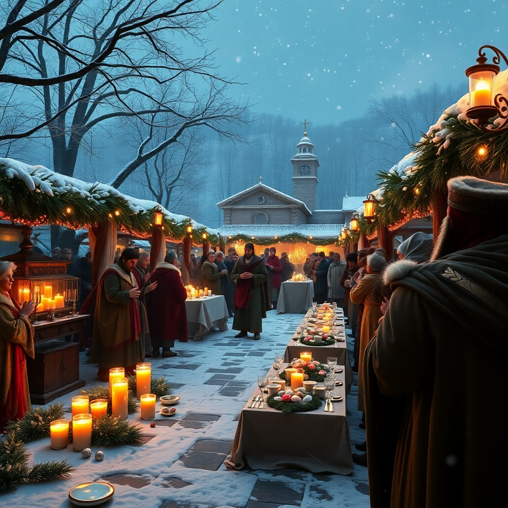 A vibrant winter scene depicting ancient Roman festivities with people celebrating Saturnalia, large feasts decorated with greenery and lights, a frosty landscape, and an early Christian figure in the background observing the festivities, creating a blend of traditions.