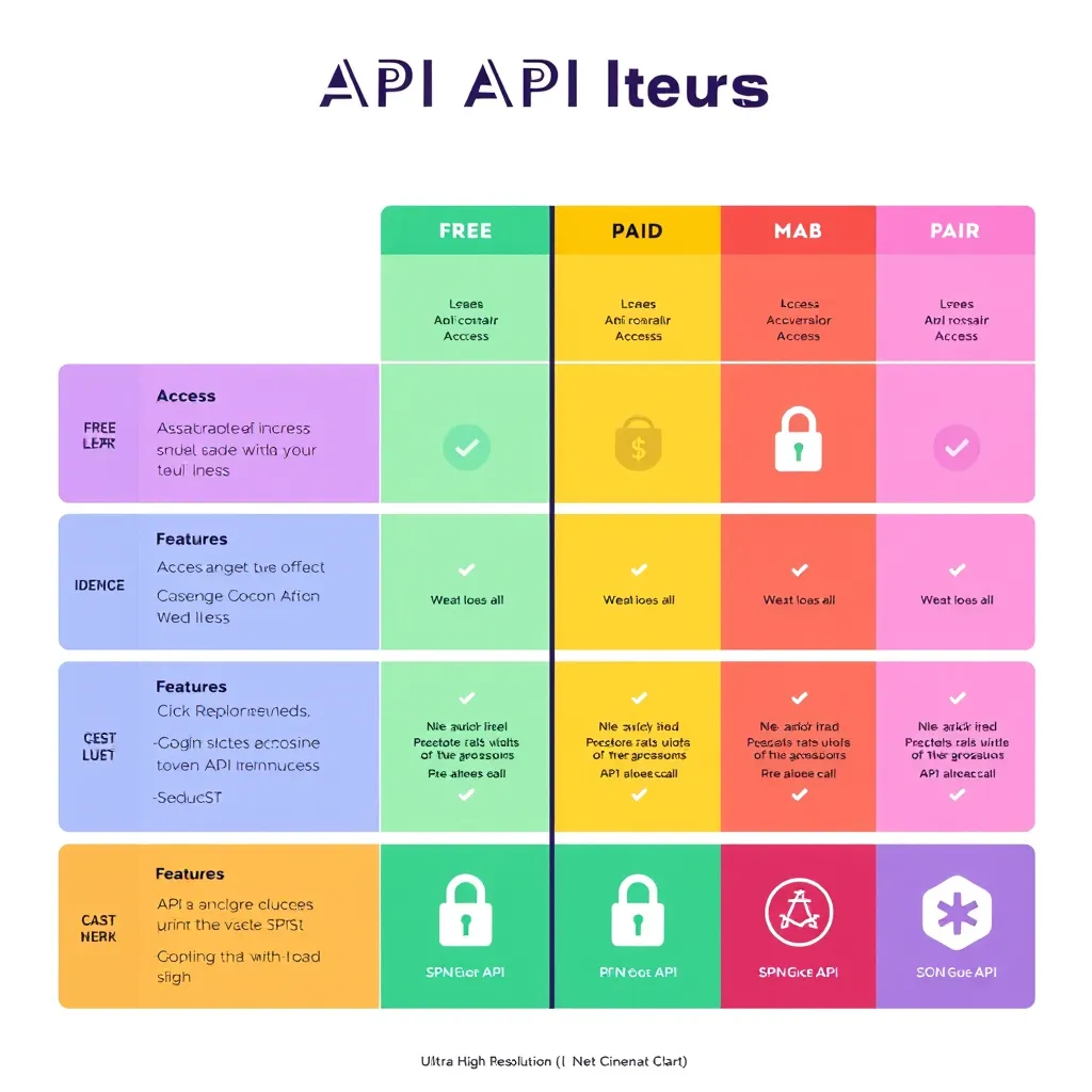 A visual comparison chart showing free and paid API tier options, featuring distinct categories such as access level, cost, and features. The chart should be colorful and engaging, with icons representing money, locks for access, and different API logos.