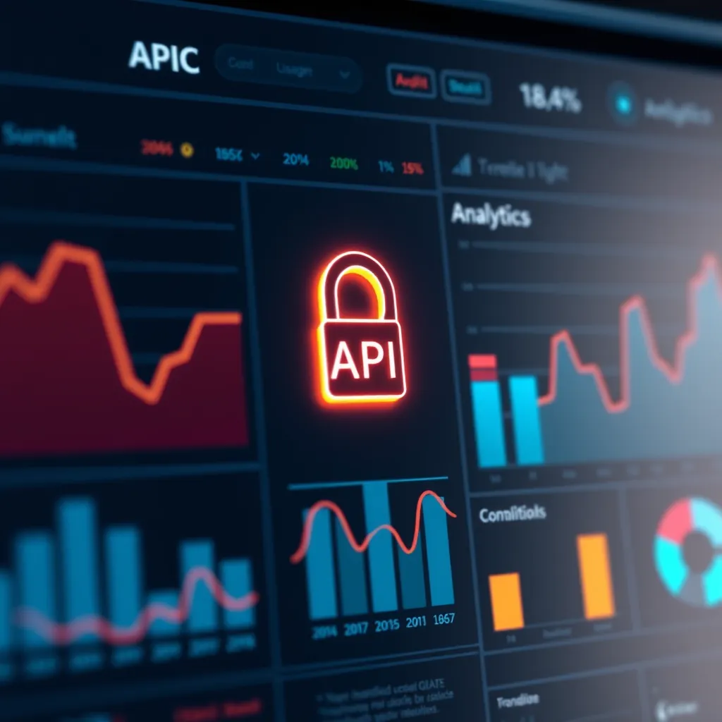 A visual of a dashboard displaying analytics and usage statistics with graphs and charts. Include elements like a glowing API key at the center, surrounded by metrics visually represented as bars and pie charts, to emphasize data tracking.