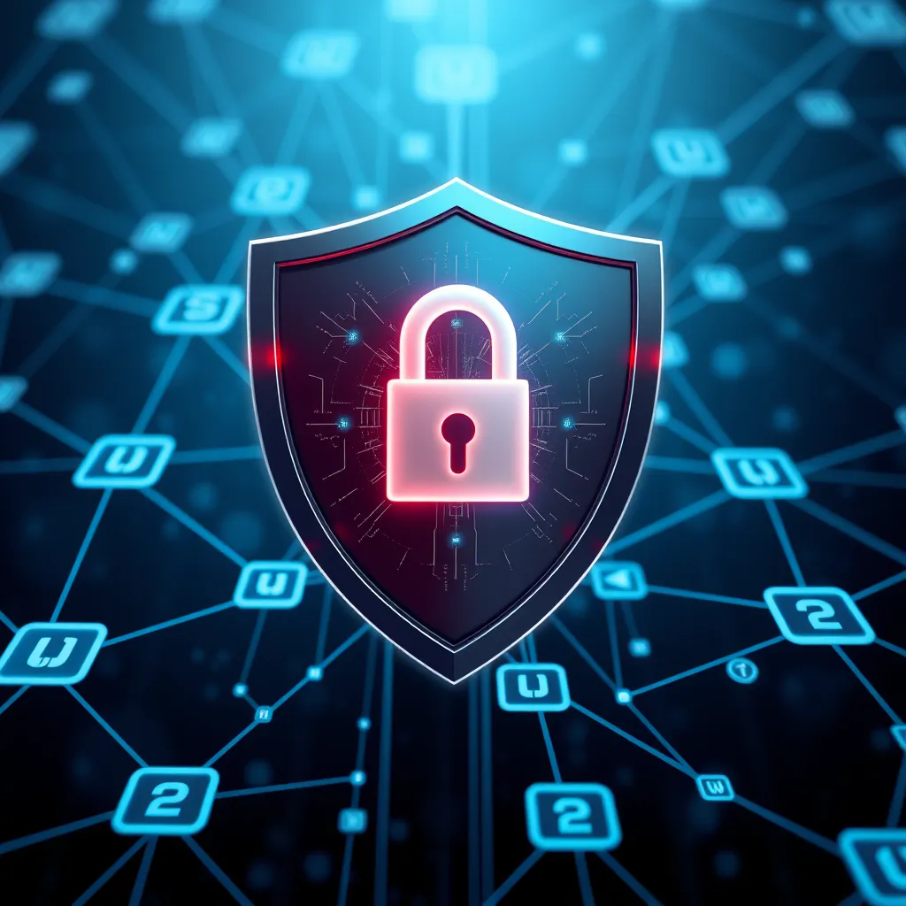 A visual of a shield with a digital lock symbol, representing strong security. The backdrop showcases interconnected applications with data packets flowing between them, illustrating the secure transfer of information via API keys.