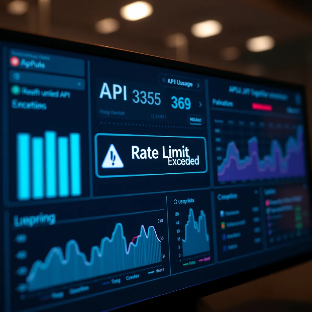 A visual representation of a digital dashboard displaying API usage metrics. Highlight a warning icon with 'Rate Limit Exceeded' on the screen, accompanied by charts and graphs showing spikes in usage.