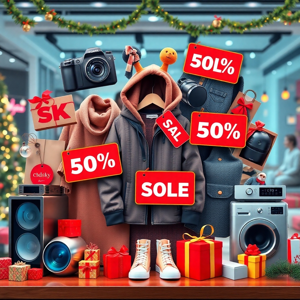 A visually appealing collage displaying popular products on discount, like high-tech gadgets, trendy clothing, and modern home appliances. Each item features flashy discount tags. The background should be festive, with hints of holiday decorations and shopping excitement.