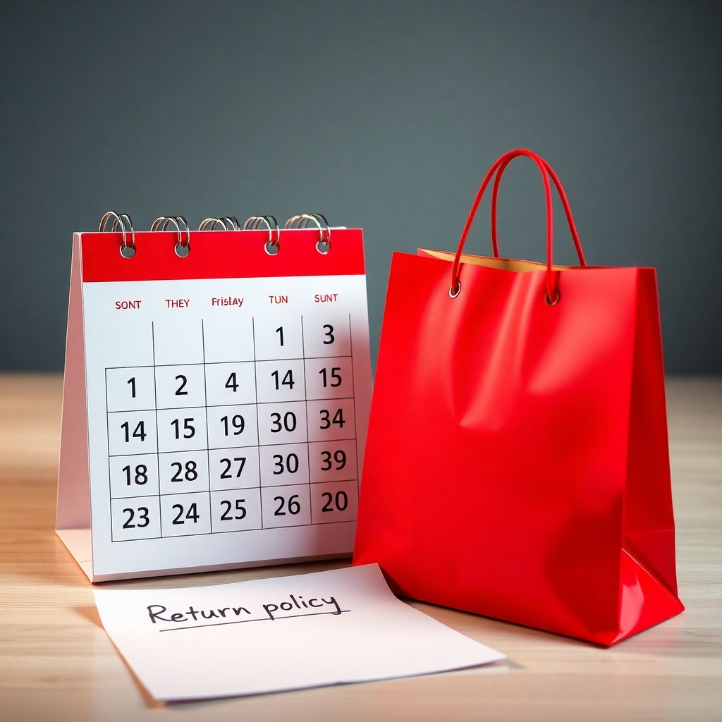 A visually appealing image showing a calendar marked with the dates 14 to 30 days. Include a shopping bag next to it, symbolizing purchases, and a clear, friendly return policy statement on a piece of paper to convey ease of return.