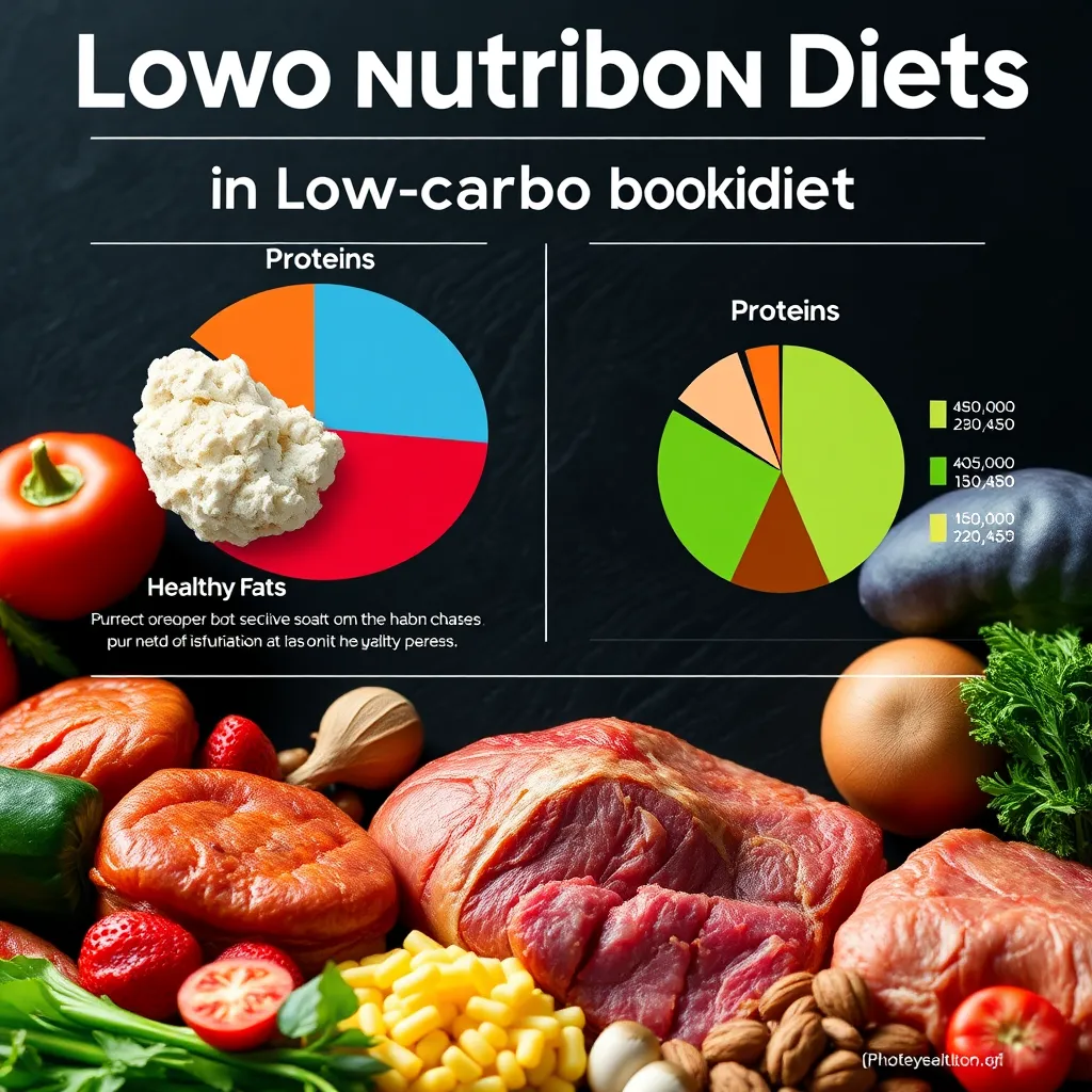 A visually appealing infographic displaying macronutrient composition in low carb diets, highlighting proteins, healthy fats, and carbohydrates. Include colorful pie charts and nutrient icons, with a background of fresh vegetables, meats, and nuts.