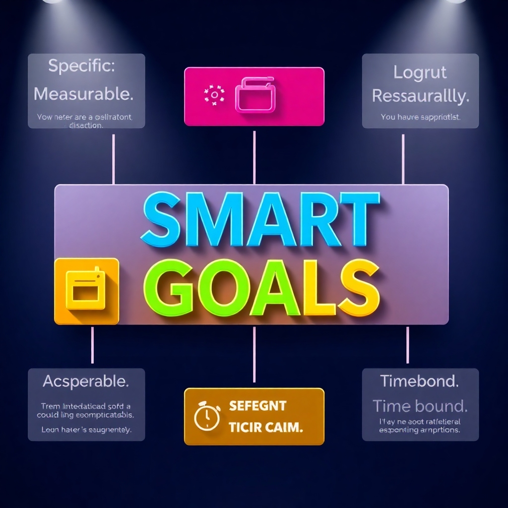A visually appealing infographic displaying the components of SMART goals: Specific, Measurable, Achievable, Relevant, Time-bound. Use vibrant colors with icons representing each term, and include motivational quotes in the background.