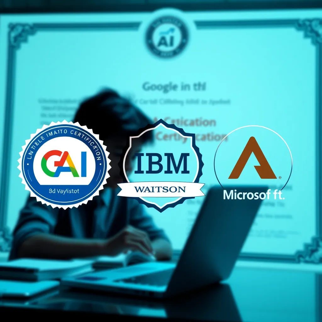 A visually appealing representation of various certification badges from Google AI, IBM Watson, and Microsoft Azure AI. Arrange these badges on a digital certificate background, showcasing a laptop and a student studying in the foreground.
