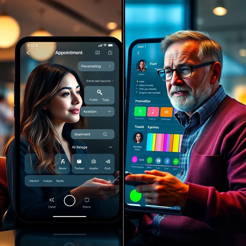A visually appealing split-screen image showing two different user profiles interacting with an appointment booking app. On one side, a young woman receives personalized suggestions based on her previous bookings, while a middle-aged man has a different interface tailored to his preferences, with colorful graphics representing customization.