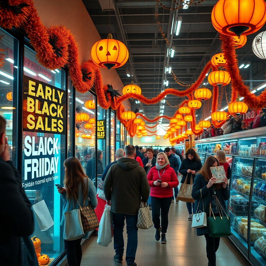 A visually dynamic scene showing a retail store decorated for Halloween, with signs of early Black Friday sales displayed prominently in the windows. Shoppers are browsing in the aisles, holding discounted merchandise, under festive lights, capturing the essence of early holiday shopping.