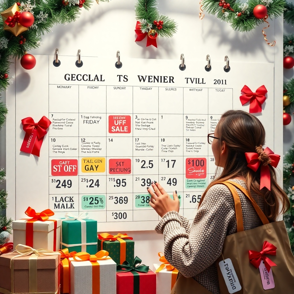 A visually engaging calendar highlighting major shopping events like Black Friday, Cyber Monday, and holiday sales. Include festive decorations and a shopper looking at a calendar with excitement, surrounded by gift boxes and discount tags.