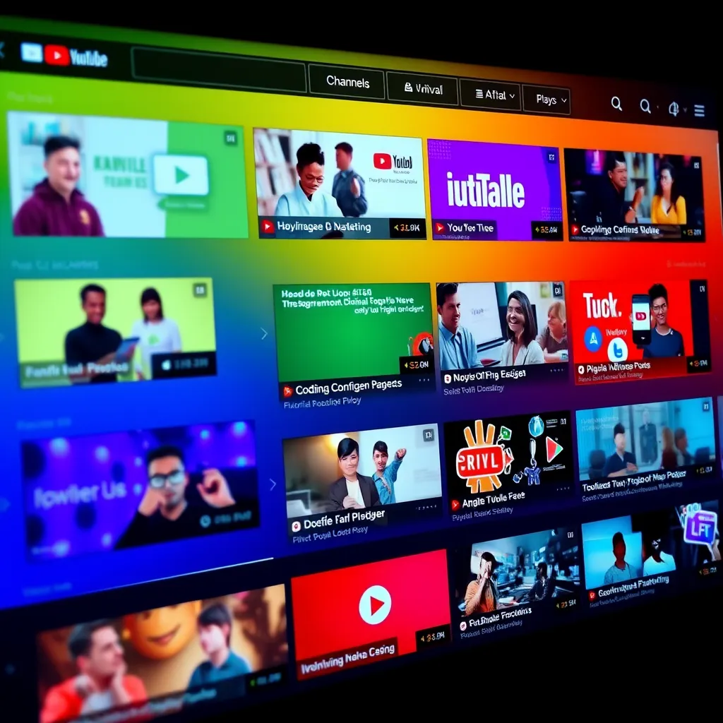 A visually engaging YouTube interface showcasing a variety of educational channels, with thumbnails of tutorial videos on different subjects, vibrant colors, and icons representing diverse skill sets like coding, graphic design, and digital marketing.