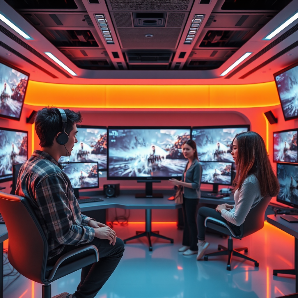 A visually striking image of a futuristic video editing suite where creatives are experimenting with AI-generated content. The environment is bright and filled with screens displaying near-realistic video sequences. The textures should reflect a high-tech aesthetic, with sleek edges and vibrant colors enhancing the creativity in the atmosphere. The perspective focuses on young professionals engaged and amazed by the new possibilities.