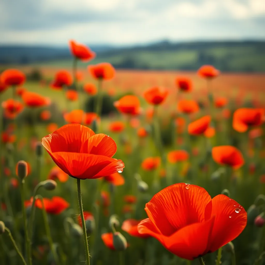 A vivid field of red poppies swaying gently in the breeze, with a backdrop of a serene landscape. In the foreground, a close-up of a single vibrant red poppy with dewdrops, symbolizing hope and remembrance, contrasting the harsh history associated with war.