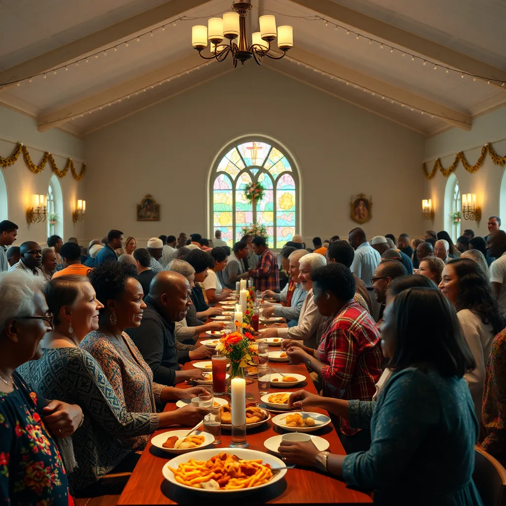 A warm, inviting church gathering with diverse individuals engaged in conversation, laughter, and sharing food, surrounded by decorations that reflect the spirit of fellowship, showcasing a strong sense of community.