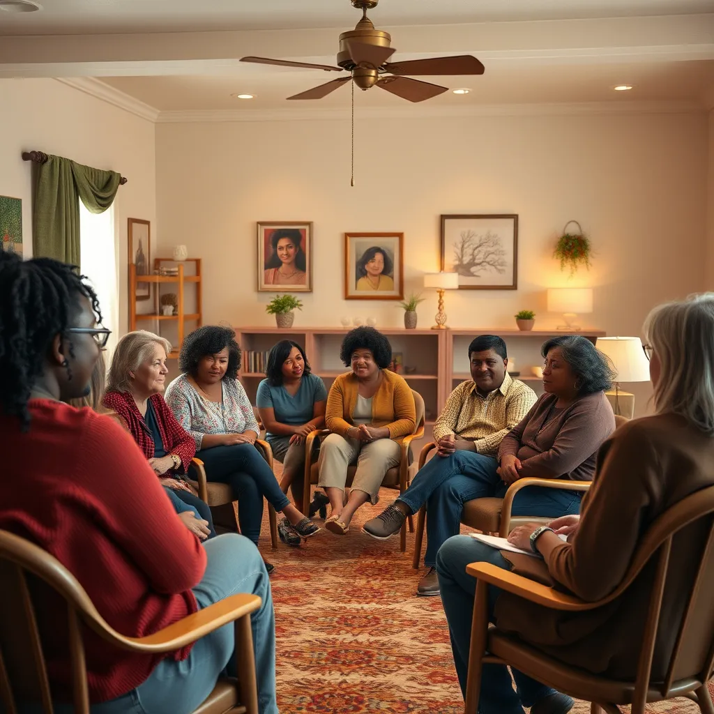 A warm, inviting community center room filled with diverse individuals sharing their stories. The setting includes a circle of chairs, comforting decoration, and soft lighting. Portraits of support and empathy are depicted, showcasing emotional connection and healing.