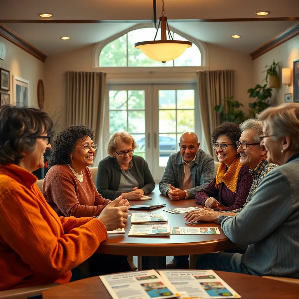 A warm, inviting community center setting with diverse individuals engaging in a support group. Show a mix of ages and backgrounds, with friendly discussions, supportive gestures, and informational flyers about local resources on a table.