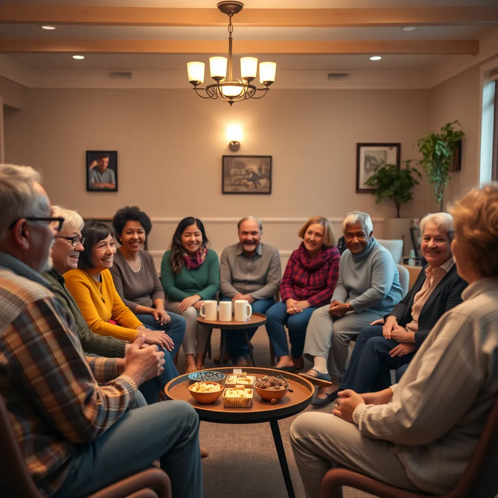 A warm, inviting community center room filled with people sitting in a circle, sharing their stories. Diverse individuals of varying ages and backgrounds, some holding hands, others smiling, with a table of refreshments nearby. Soft lighting creates a calming atmosphere.