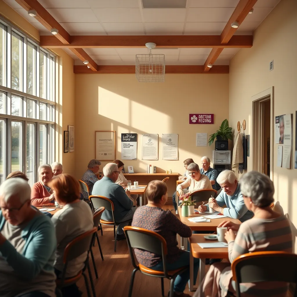 A warm, inviting community center filled with people engaging in group activities like crafts and games. The interior should be bright and welcoming, with posters on the walls promoting support groups and a small coffee area with people chatting.