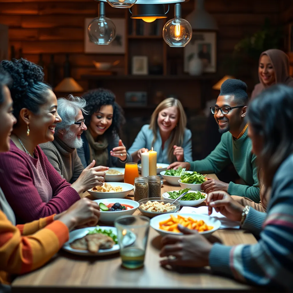 A warm, inviting community gathering in a cozy setting with diverse individuals sharing stories over healthy food. Laughter and supportive gestures highlight camaraderie, with soft, ambient lighting creating an atmosphere of encouragement and unity.