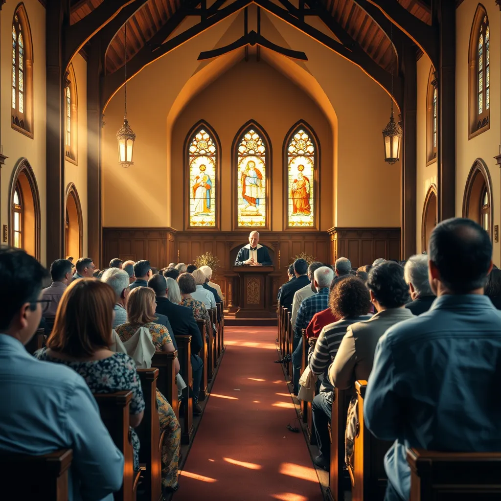 A warm, inviting interior of a traditional church during a Sunday service, with people of diverse ages and backgrounds sitting and standing, worshiping together. Sunlight streams through stained glass windows, illuminating the peaceful atmosphere, with a reverend at the pulpit.