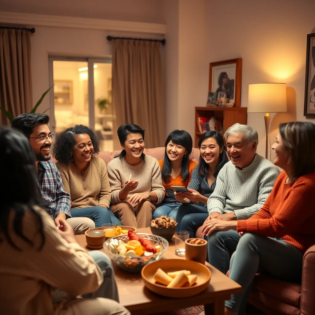A warm, inviting scene of a diverse group of friends sitting in a cozy living room, laughing and sharing stories. Soft ambient lighting enhances the feeling of warmth and connection, with colorful decor and snacks on a table, conveying friendship and togetherness.