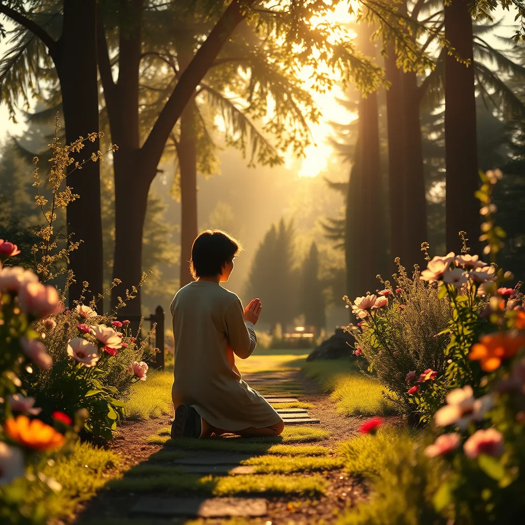 A warm, inviting scene of a person kneeling in a sunlit garden, where they are praying. Surrounding them are blooming flowers and tall trees, symbolizing growth and tranquility in the face of life's struggles.