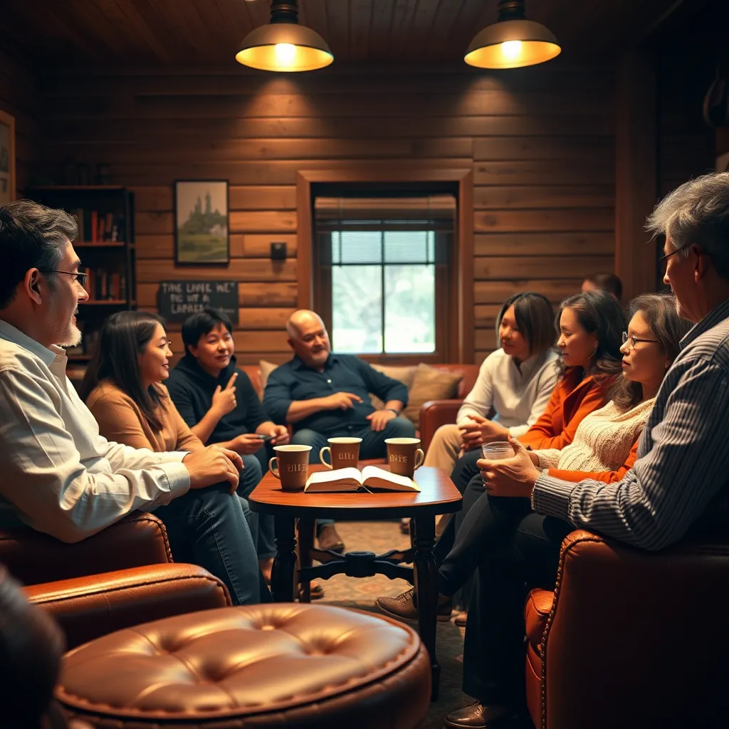 A warm, inviting scene of a small group meeting in a cozy room with comfortable seating. A diverse group of people, including different ages and backgrounds, are engaged in discussion, with Bibles and coffee cups on the table, creating an atmosphere of fellowship and connection.