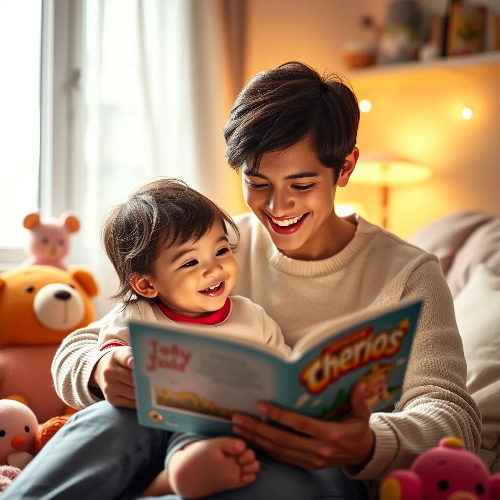 A warm, loving moment between a parent and child in a cozy home setting. The parent is reading a storybook to the child, both smiling and surrounded by colorful toys and a soft, inviting atmosphere that radiates warmth and affection.