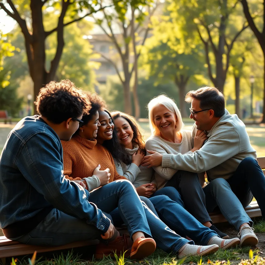 A warm, photorealistic scene of a diverse group of friends sitting together in a park, joyfully supporting each other with comforting gestures, such as hugging and listening, while surrounded by nature and sunshine, symbolizing community support.