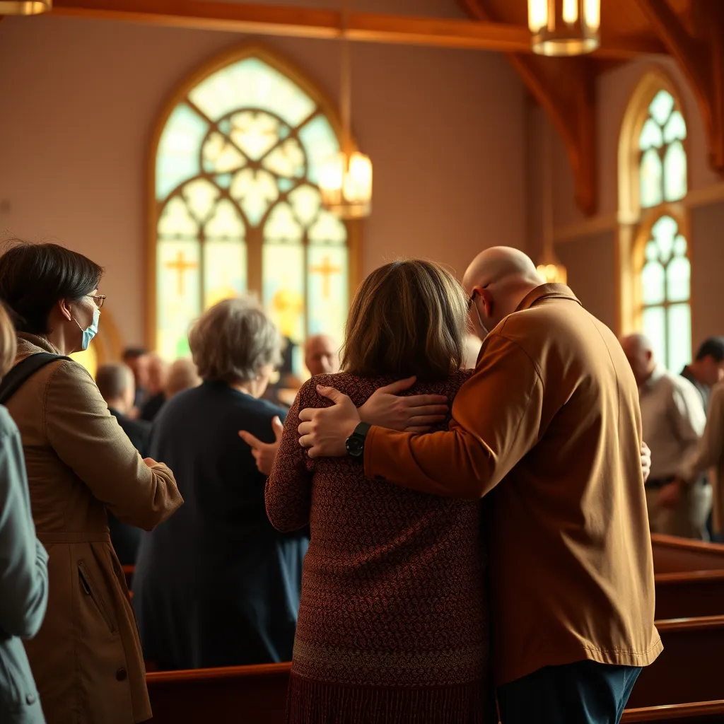  A warm, welcoming church interior where congregation members are offering comfort to each other. Several individuals are embracing and sharing heartfelt conversations. The ambiance is lively and supportive, with soft, warm lighting enhancing the emotional connection.