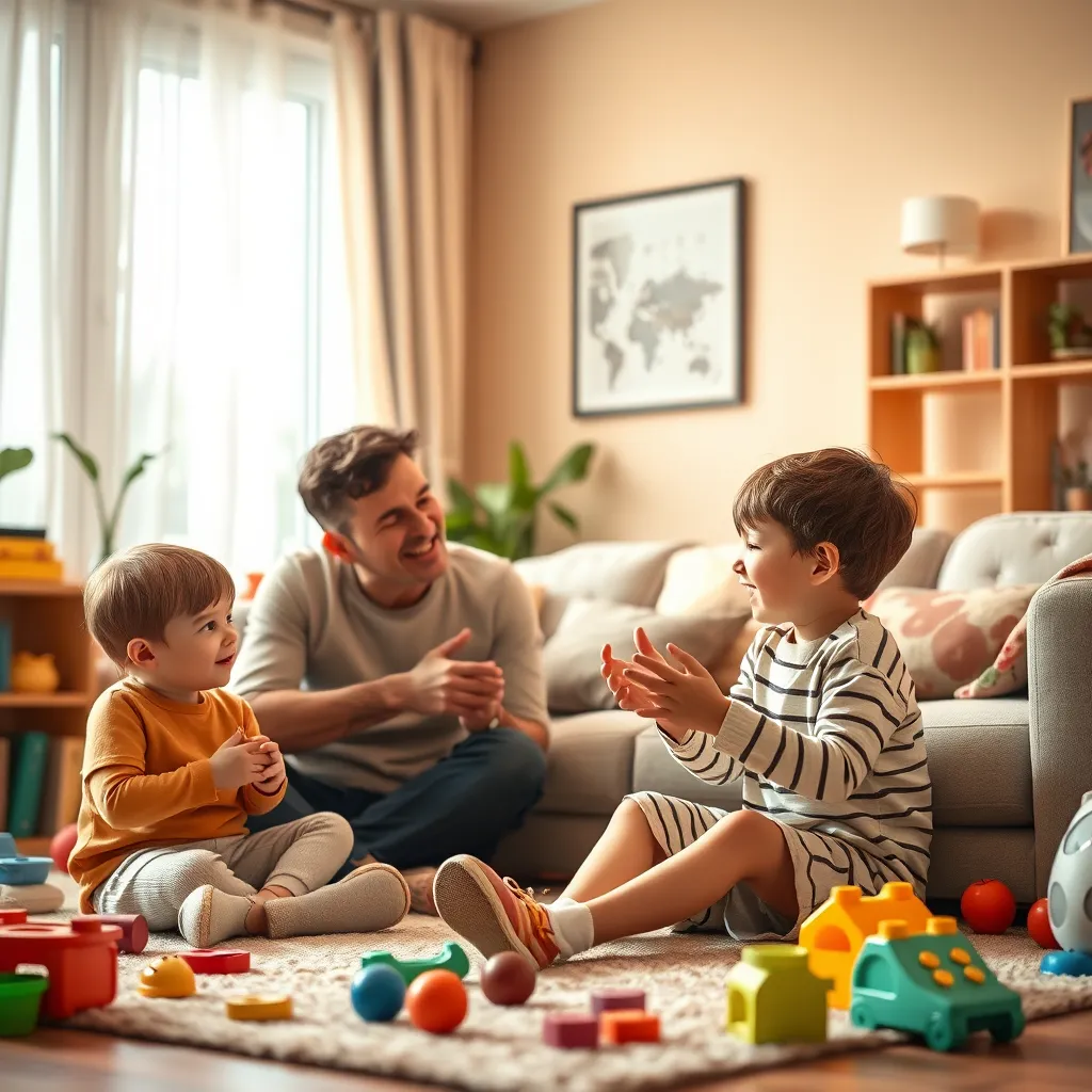 A warm and inviting family living room scene where a parent is engaged in playful interaction with two children. The parent looks understanding and attentive while the children display a range of emotions like happiness and curiosity. Include colorful toys scattered around, soft lighting, and a cozy atmosphere, symbolizing a supportive environment for understanding child behavior.