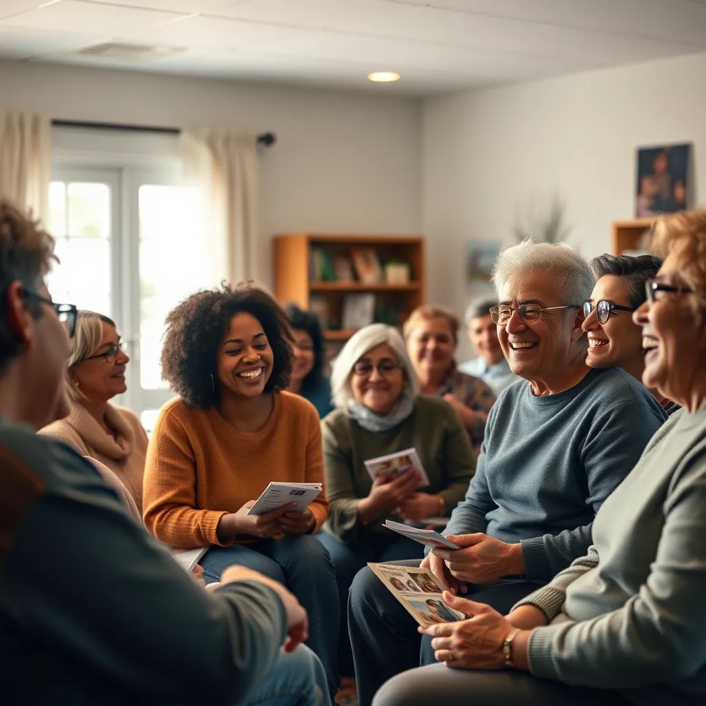 A warm gathering of diverse people in a community center, sharing stories and laughing together. The scene should depict an inviting room filled with supportive materials like brochures about local support services. Soft lighting enhances the atmosphere of comfort and camaraderie.