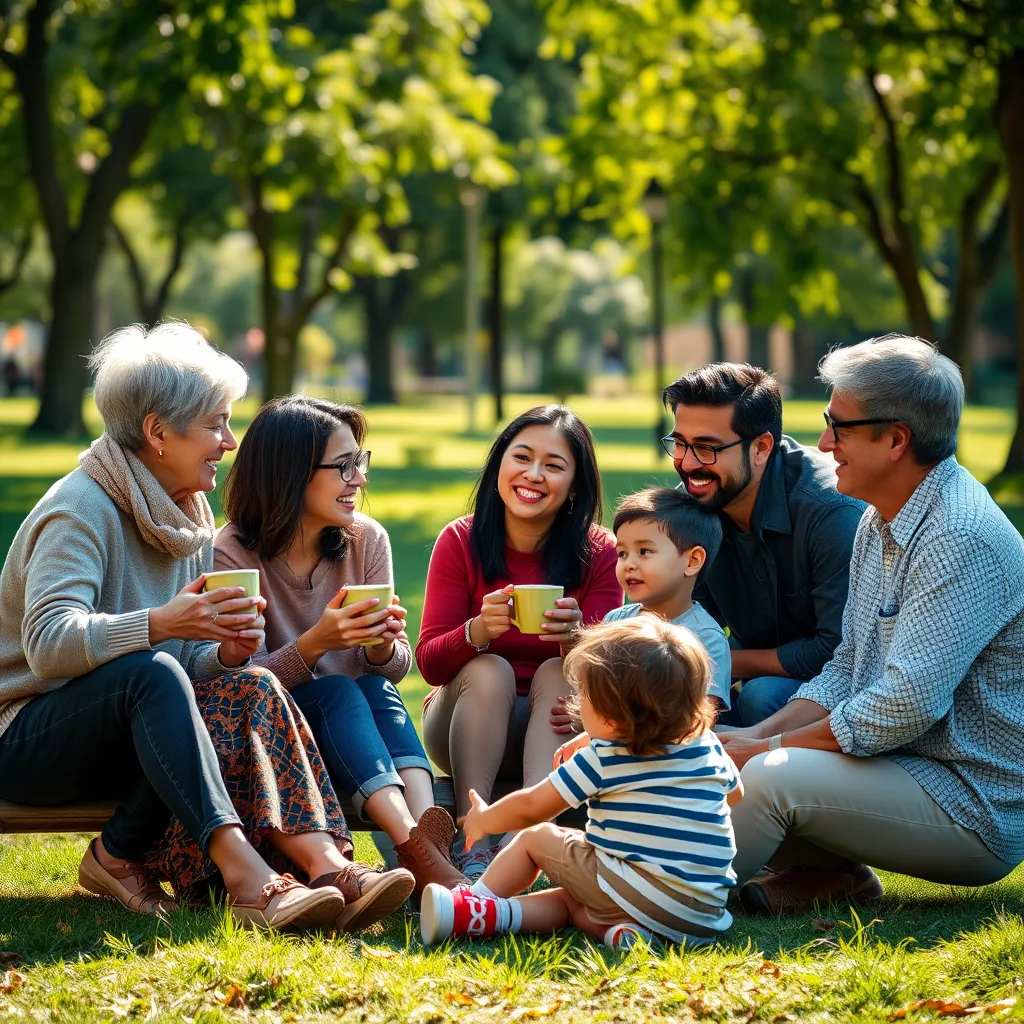 A warm gathering of parents in a sunny park, sharing experiences over coffee, with children playing nearby. Include a mix of diverse families, some laughing, others sharing advice, emphasizing a sense of community and support.