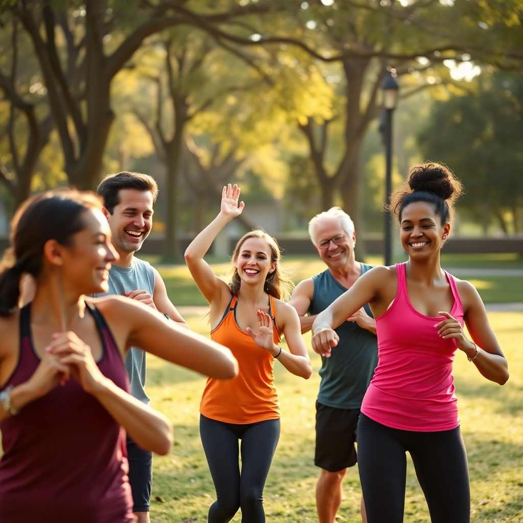 A warm, inviting image of a diverse group of individuals exercising together in a park, smiling and encouraging each other, with natural sunlight illuminating their activities, depicting community and camaraderie in fitness.