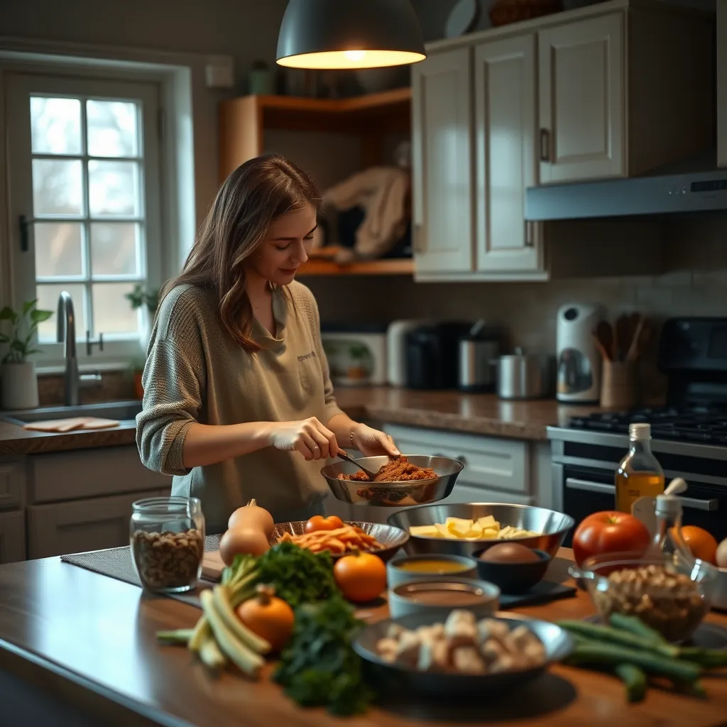 A warm kitchen scene where a friend is preparing a meal for someone grieving. The atmosphere is nurturing, with ingredients laid out and a comforting ambiance, showcasing the act of kindness in practical support during a tough time.