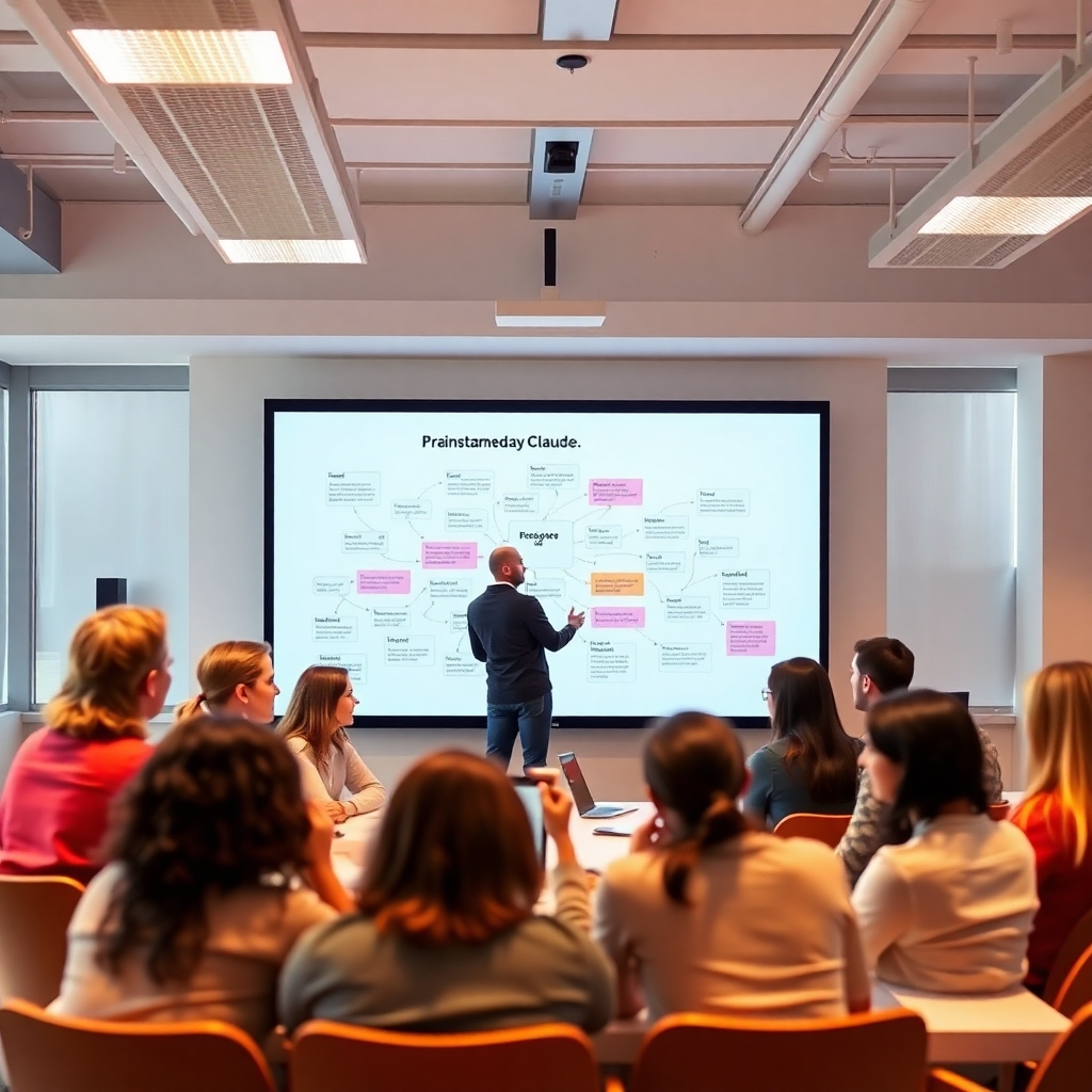 A well-lit brainstorming room featuring a large screen displaying a session facilitated by Claude, with ideas visually represented and organized. The image captures diverse team members actively engaging, suggesting an atmosphere of dynamic brainstorming, supported by soft, inspiring colors that encourage creativity and focus.