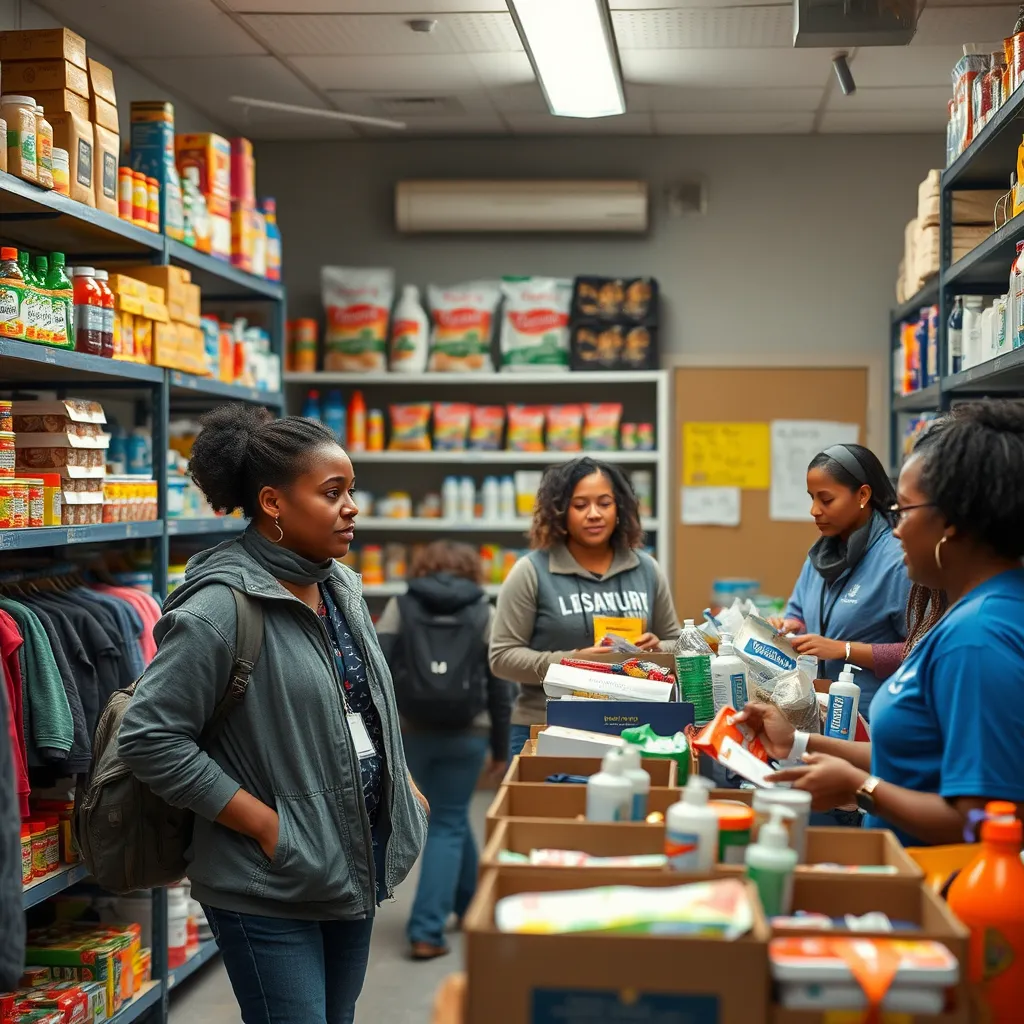 A well-organized community resource center, featuring outreach workers engaging with families. Shelves stocked with food, clothing, and hygiene products should be visible. The environment should reflect a welcoming and supportive atmosphere with volunteer assistance.