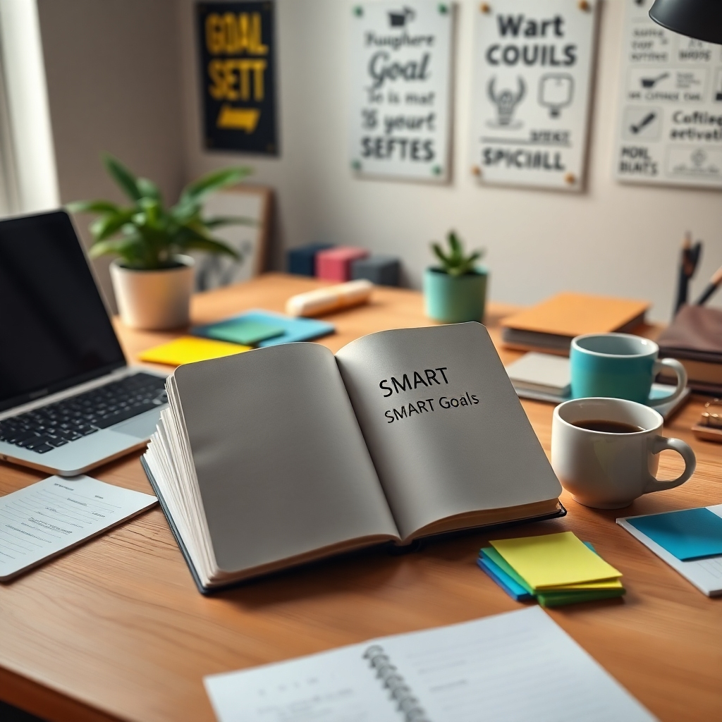A well-organized desk environment featuring a notebook open to a page titled 'SMART Goals', surrounded by a laptop, colorful sticky notes, and a cup of coffee. The scene is illuminated by soft diffused lighting, creating a warm and inviting atmosphere. The color palette consists of earthy tones with hints of green and blue, conveying a sense of calm and focus. The camera angle is slightly above eye level, allowing for a clear view of the workspace and its contents. Textures of wood and paper are evident, enhancing the tactile feel of the setting. Background elements include a potted plant and posters related to goal setting hanging on the wall. The image should be hyperrealistic, ultra-detailed, and in 8K resolution, reminiscent of the style of photographer Chris Burkard.