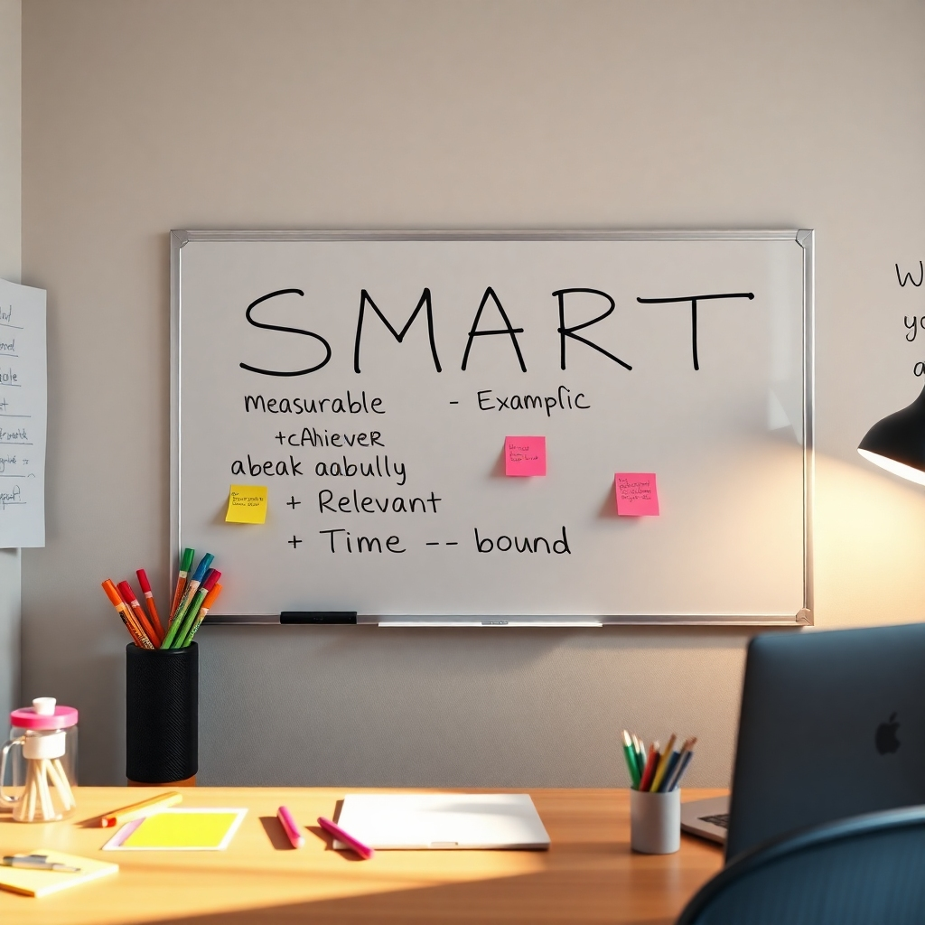 A well-organized workspace featuring a whiteboard with the acronym SMART written out: Specific, Measurable, Achievable, Relevant, Time-bound. Include colorful markers and sticky notes illustrating examples of each goal category, with a motivational quote on the wall.