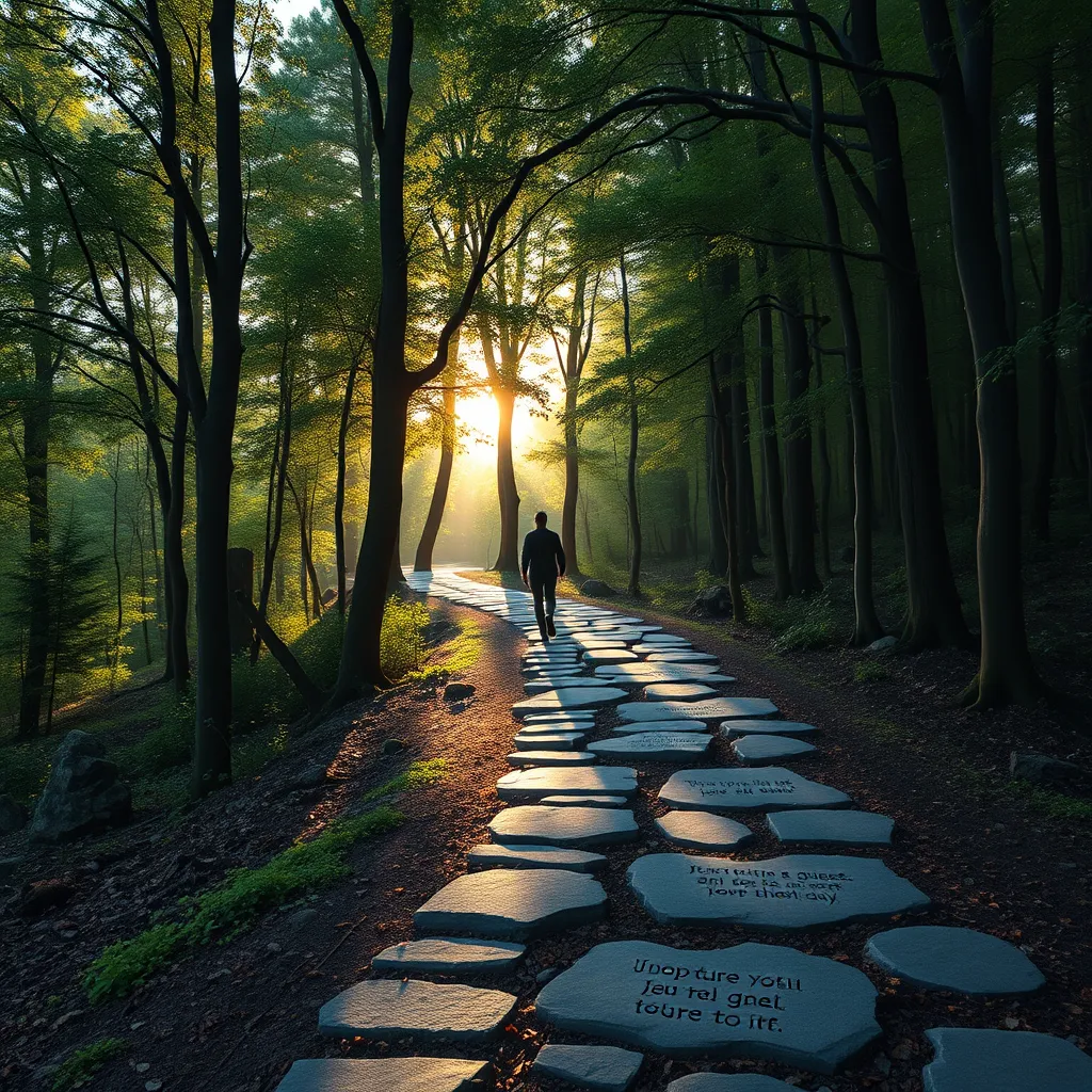 A winding path through a lush forest with a person walking slowly, surrounded by light filtering through trees, symbolizing a journey through faith, with inspirational quotes from scripture subtly inscribed on stones along the path.