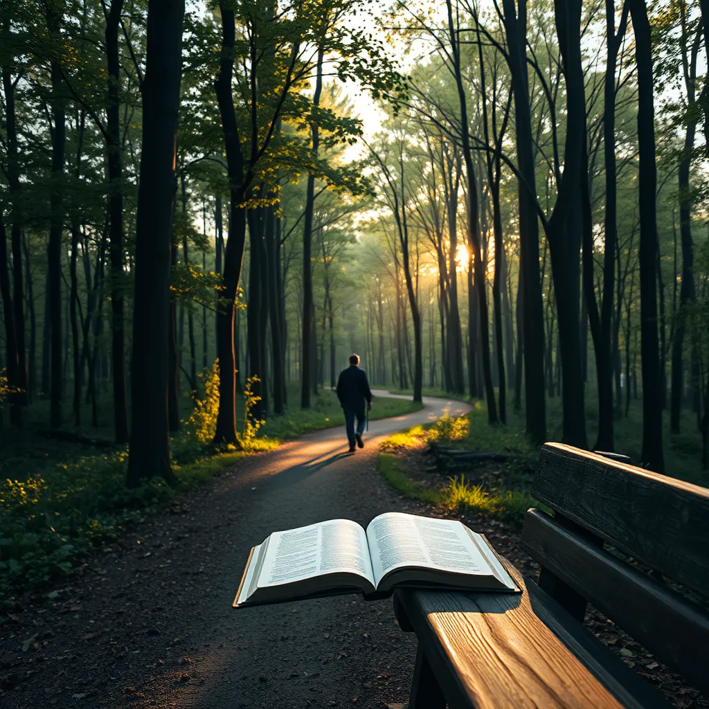 A winding path through a tranquil forest, lined with tall trees. Alongside the path, an open Bible rests on a wooden bench. A soft golden light filters through the leaves, illuminating the path, while a person walks thoughtfully, reflecting on their journey.