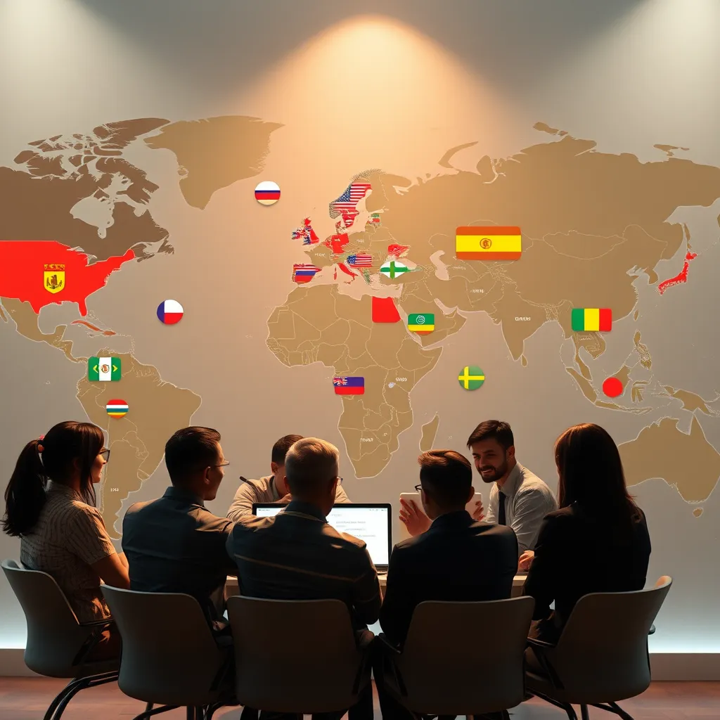 A world map highlighting various countries with language flags popping up around them. In the foreground, a business team is discussing strategies while interacting with customers through a multi-language chat interface, showcasing an expanding network across continents.