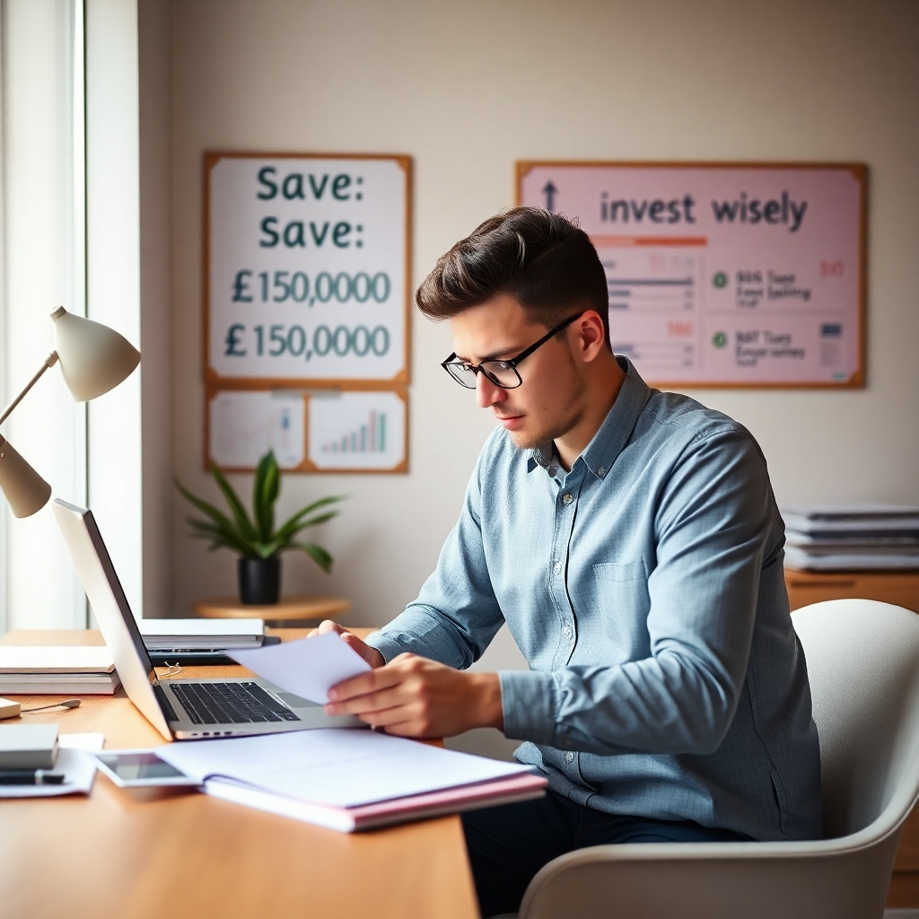 A young professional calculating finances at a modern desk with a laptop and financial documents. A vision board on the wall displays goals like 'save £10,000' and 'invest wisely'. The setting is bright and organized, symbolizing clarity and focus on financial success.