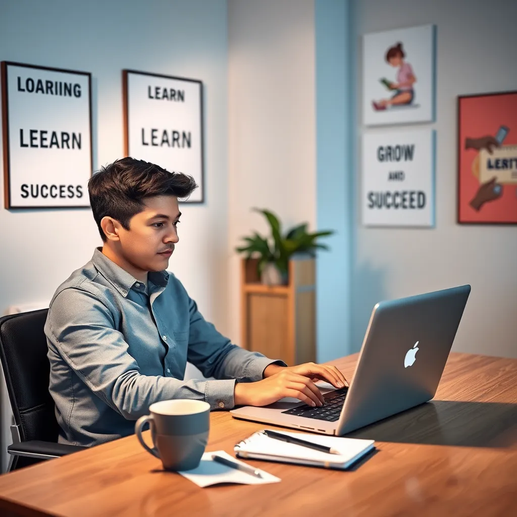 A young professional sitting at a desk with a laptop open, taking an online course. The room is well-lit with motivational posters on the wall, showcasing keywords like 'Learn', 'Grow', and 'Succeed'. A coffee cup and notepad are on the desk.