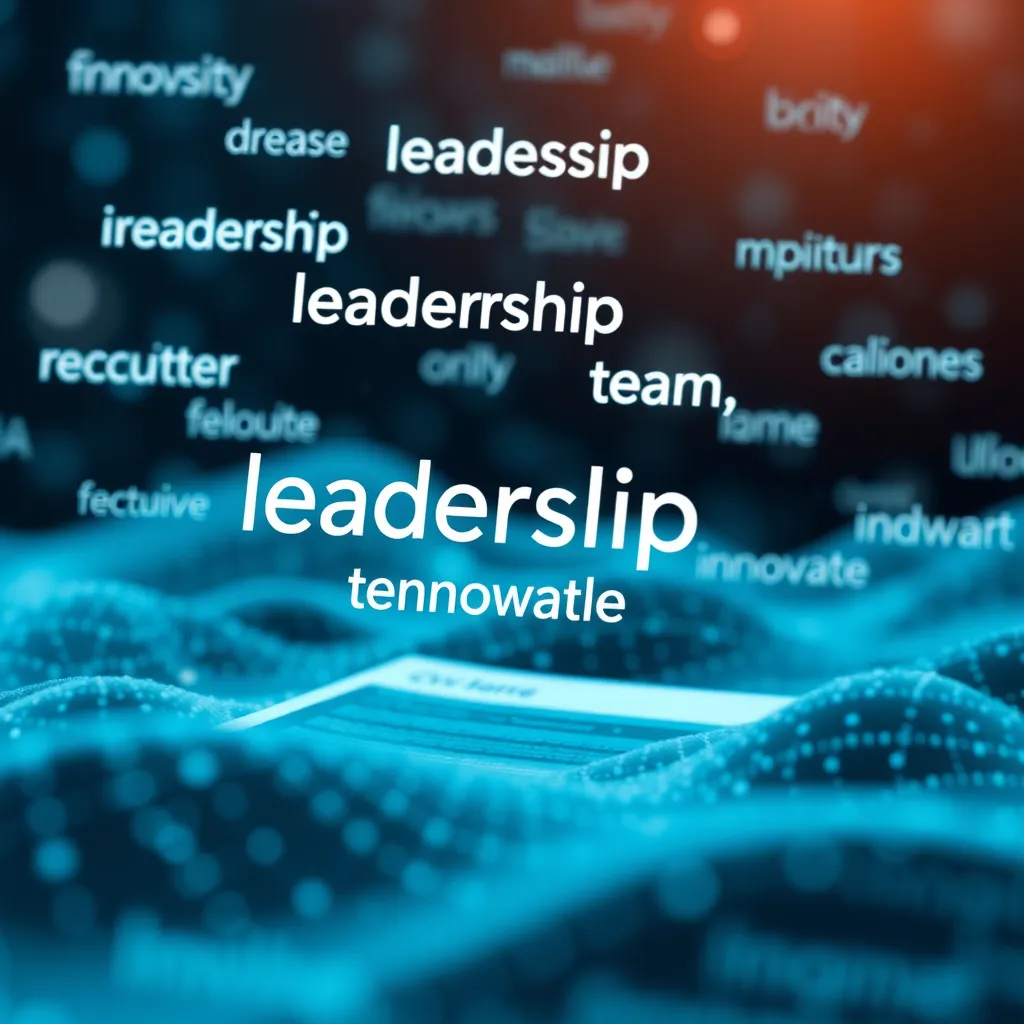 An abstract representation of a digital landscape filled with floating keywords like 'leadership', 'teamwork', and 'innovation'. The background should feature a blurred outline of a CV and cover letter, symbolizing the digital relevance of keywords in job applications.