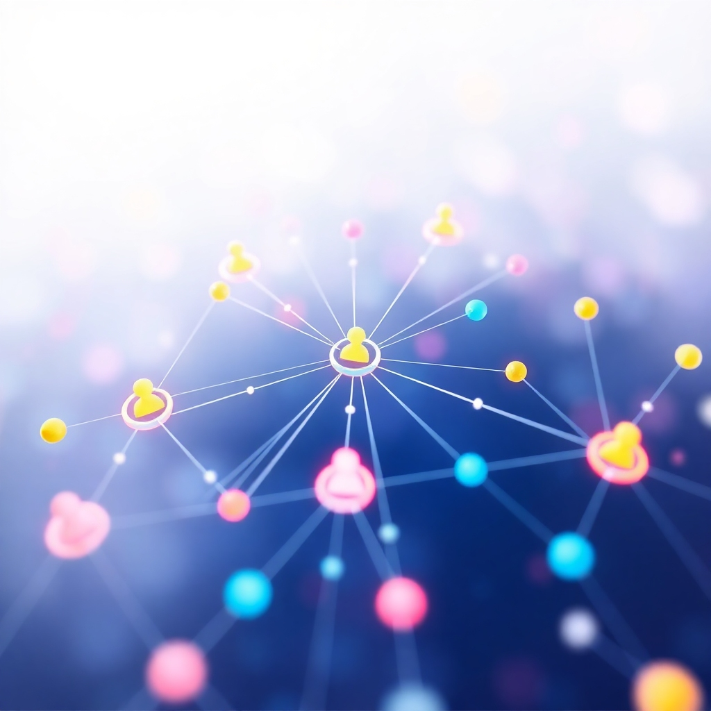 An abstract visualization showing digital nodes representing various teams interacting through Claude. Bright colors symbolize different teams, connected by radiant lines reflecting communication. The background is a soft blend of whites and blues, giving a sense of vastness and potential, underlining the future technologies in collaborative workflows.